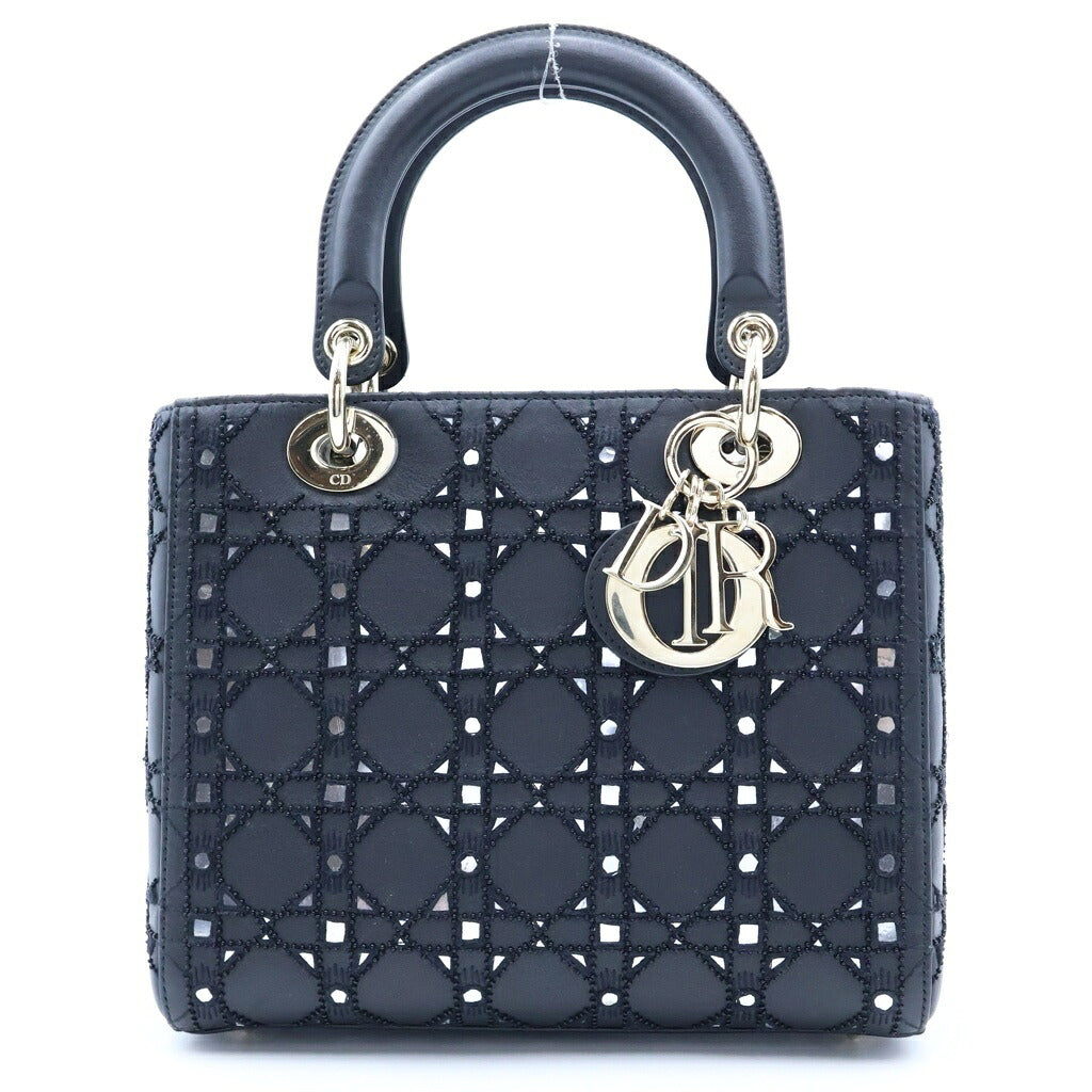 Christian Dior(クリスチャンディオール) レディディオール ミディアム ビーズ ミラー 2WAYハンドバッグ ショルダーバッグ ブラック ラムスキン ゴールド金具