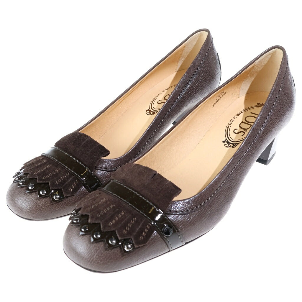 TOD'S(トッズ) スエード コンビレザー タッセル スタッズ ヒール パンプス シューズ ブラウン レディース