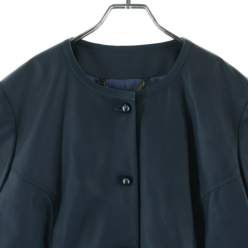 LOEWE(ロエベ) ノーカラー ジャケット アウター レザー シルク グレーブルー レディース