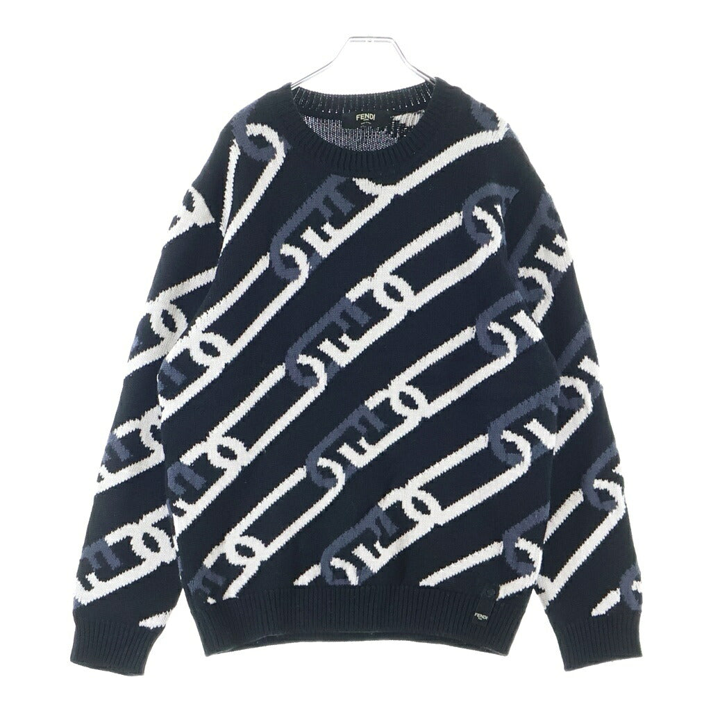 FENDI(フェンディ) 総柄 チェーンデザイン クルーネック ウール ニット セーター ブラック/ホワイト FZX085
