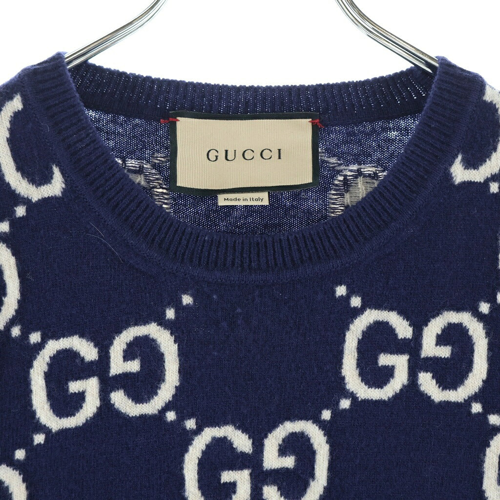GUCCI(グッチ) GGロゴ 総柄 ウールジャカード セーター ニット ネイビー/ホワイト 692900 XKCC5