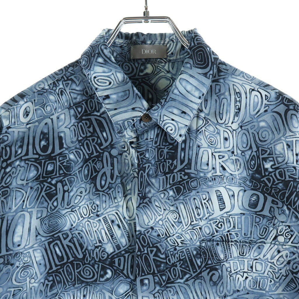 Dior HOMME(ディオールオム) 20AW ×SHAWN STUSS ショーンステューシー ロゴ総柄デザイン ワイドカラー ボタン 半袖シャツ ブルー/ホワイト 033C514A4932