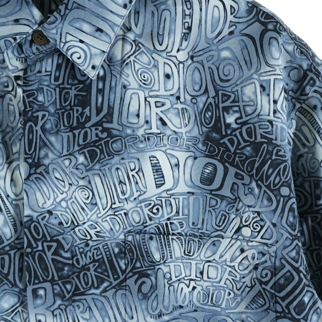 Dior HOMME(ディオールオム) 20AW ×SHAWN STUSS ショーンステューシー ロゴ総柄デザイン ワイドカラー ボタン 半袖シャツ ブルー/ホワイト 033C514A4932