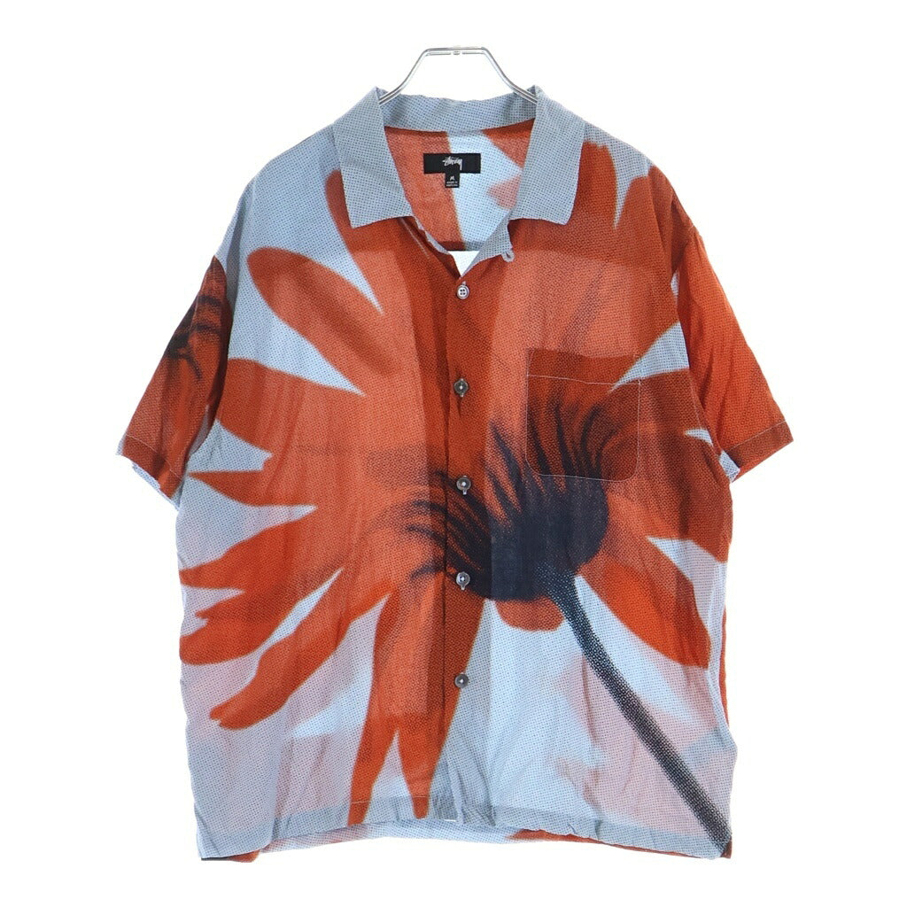 STUSSY(ステューシー) HALFTONE FLOWER ボタンフライ オープンカラー フロントプリント 半袖カットソー シャツ ブルー/レッド 1110230