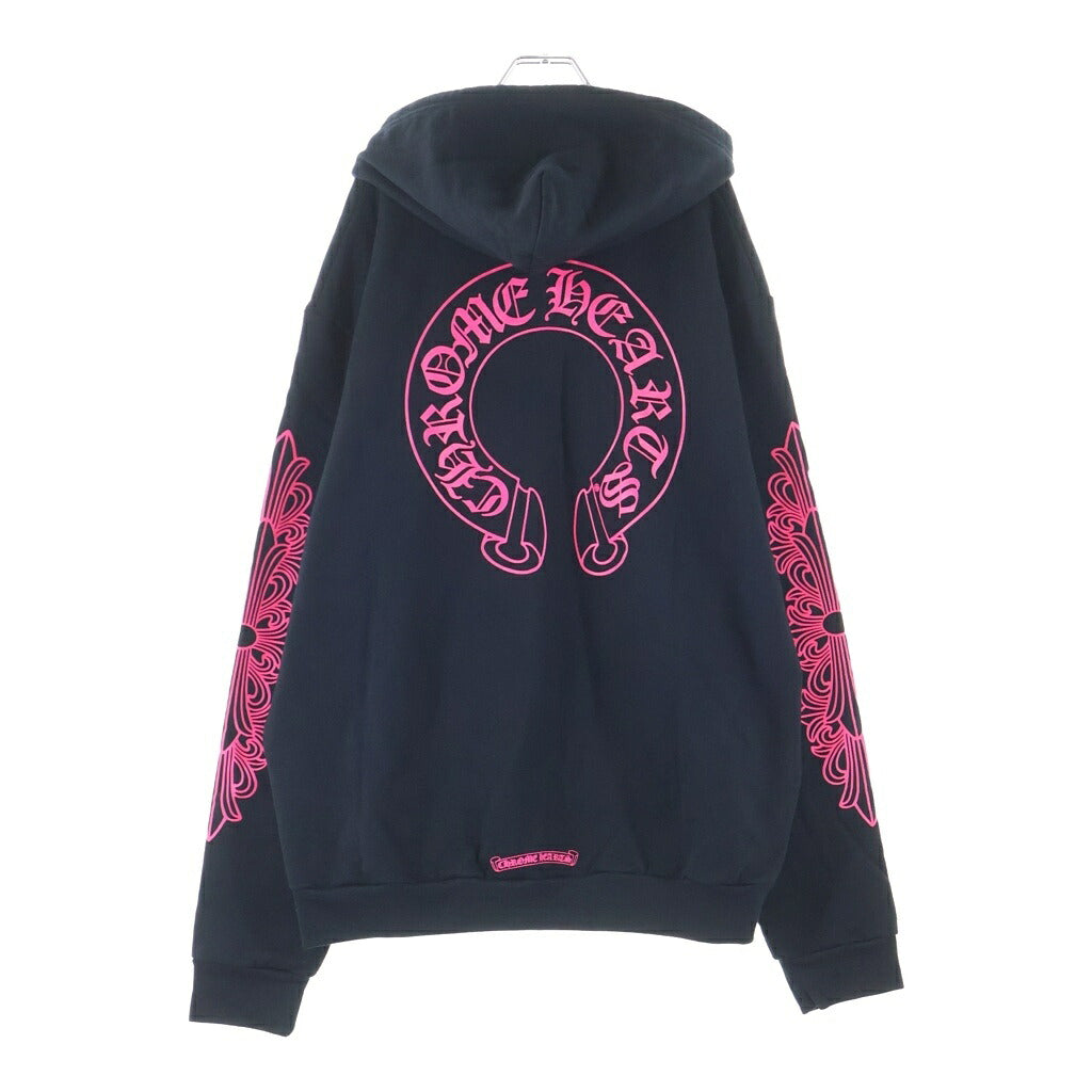CHROME HEARTS(クロムハーツ) SWTSHRT HD ZIP 袖フローラルバックホースシュープリントダガージップパーカー ブラック/ピンク