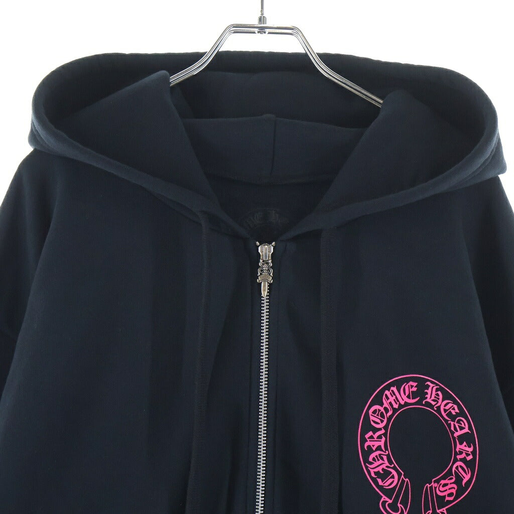 CHROME HEARTS(クロムハーツ) SWTSHRT HD ZIP 袖フローラルバックホースシュープリントダガージップパーカー ブラック/ピンク