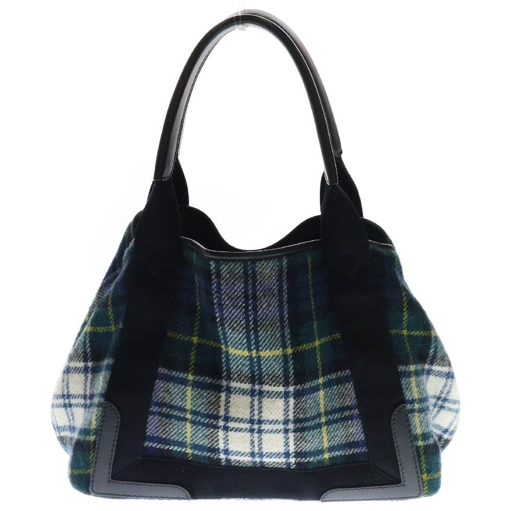 BALENCIAGA(バレンシアガ) NAVY CABAS ネイビーカバス ポーチ付 チェック柄 ロゴ ハンドバッグ ブラック×グリーン 33933