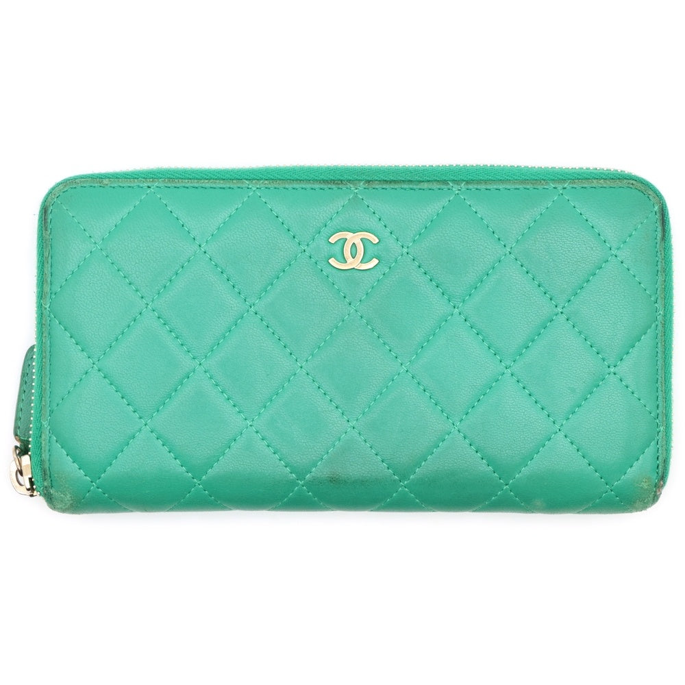 CHANEL(シャネル) マトラッセ ラウンドファスナー長財布 ロングウォレット カードケース ゴールド金具 グリーン ラムスキン