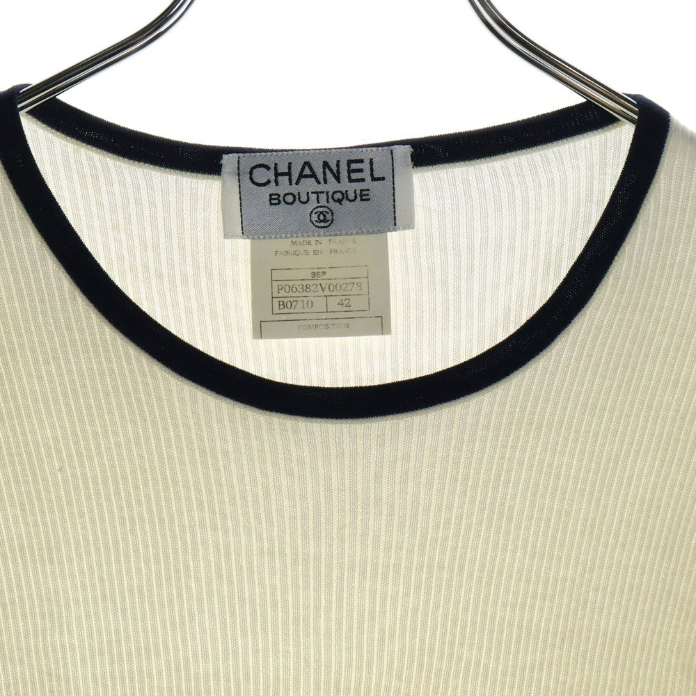 CHANEL(シャネル) 95P スプリングコレクション ココマーク刺繍 コットン 半袖 リブニット セーター ホワイト/ネイビー レディース P06382V00278
