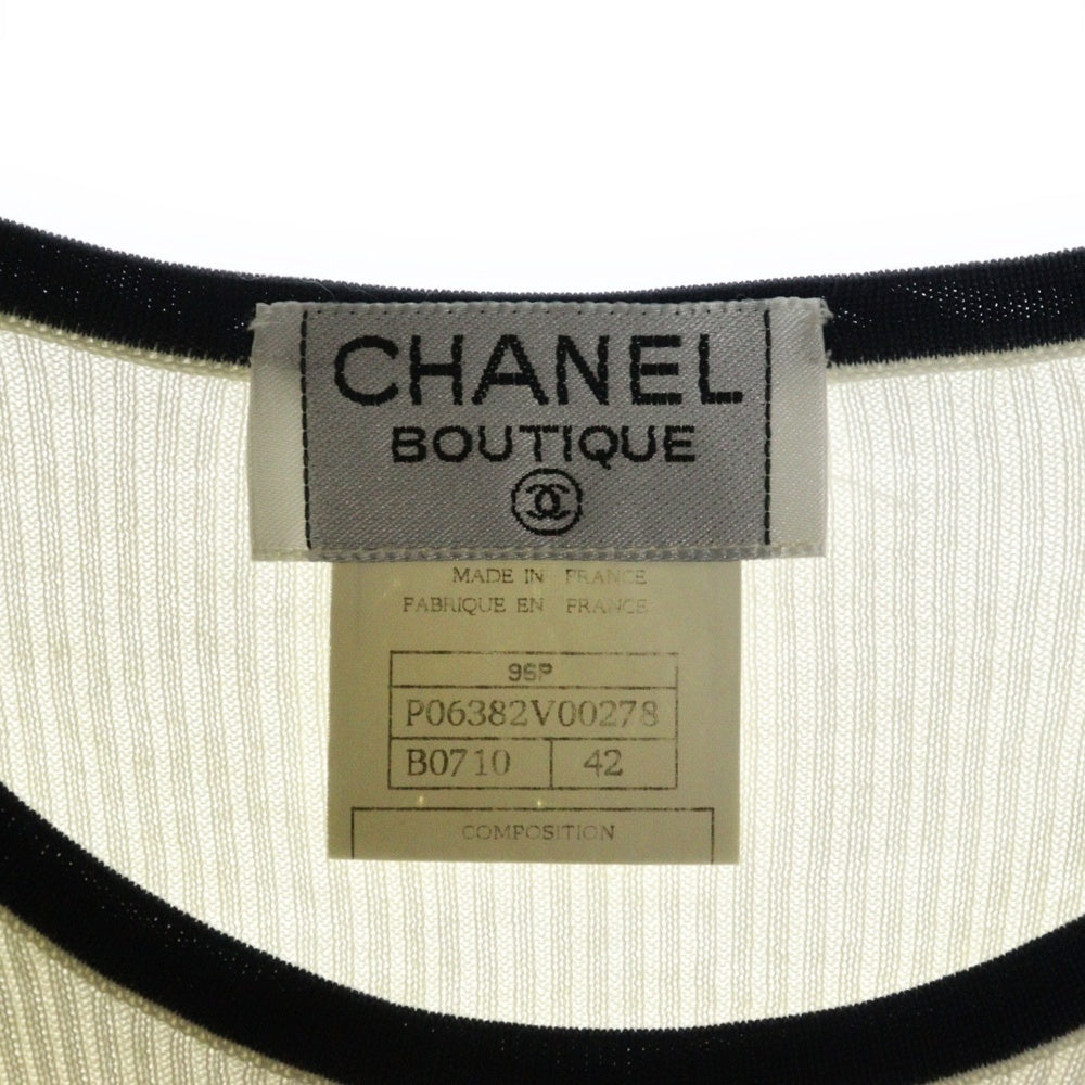 CHANEL(シャネル) 95P スプリングコレクション ココマーク刺繍 コットン 半袖 リブニット セーター ホワイト/ネイビー レディース P06382V00278
