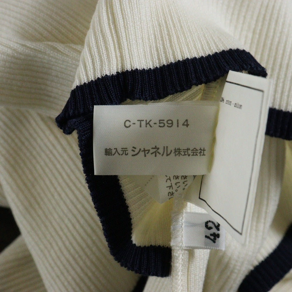 CHANEL(シャネル) 95P スプリングコレクション ココマーク刺繍 コットン 半袖 リブニット セーター ホワイト/ネイビー レディース P06382V00278