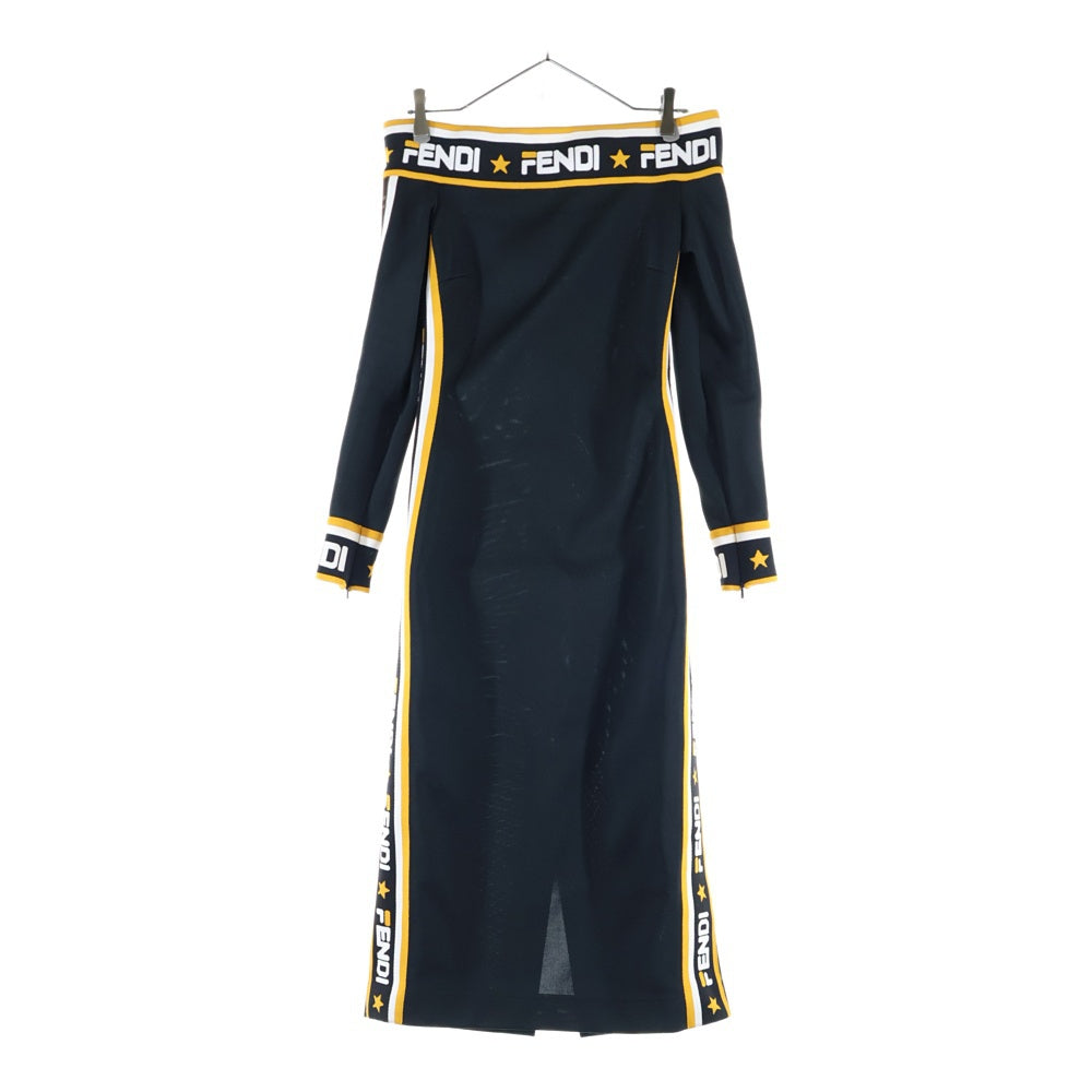 FENDI(フェンディ) 18AW ×FILA フィラ ズッカ柄 ロゴ ジャガード ライン ジャージー オフショルダー ワンピース ドレス ブラック/イエロー レディース FD9864