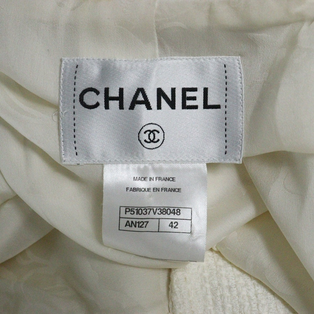 CHANEL(シャネル) ココマークボタン ナイロン混 コットン ツイード スタンドカラー ダブルブレスト ジャケット ホワイト/アイボリー レディース P51037V38048