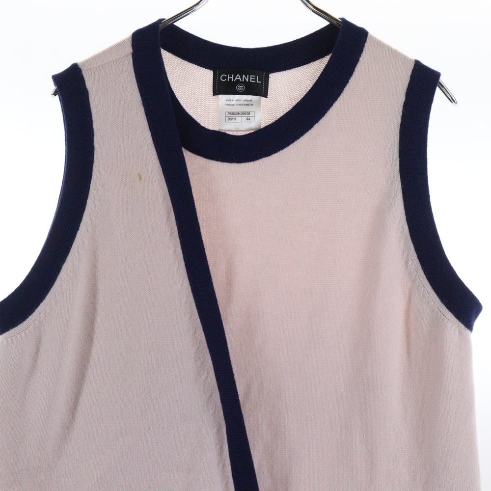 CHANEL(シャネル) 15SS ココマークボタン カシミヤニット クルーネック ノースリーブ パイピング レイヤード ワンピース ピンク/ネイビー レディース P51622K06638
