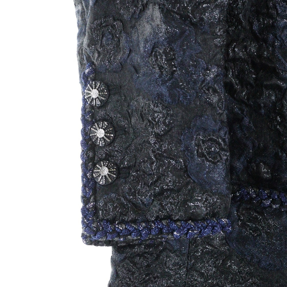 CHANEL(シャネル) ココマークボタン カメリアジャガード シルク混 スタンドカラー ジップアップ ロングジャケット コート ブラック/ネイビー レディース P54623V38296