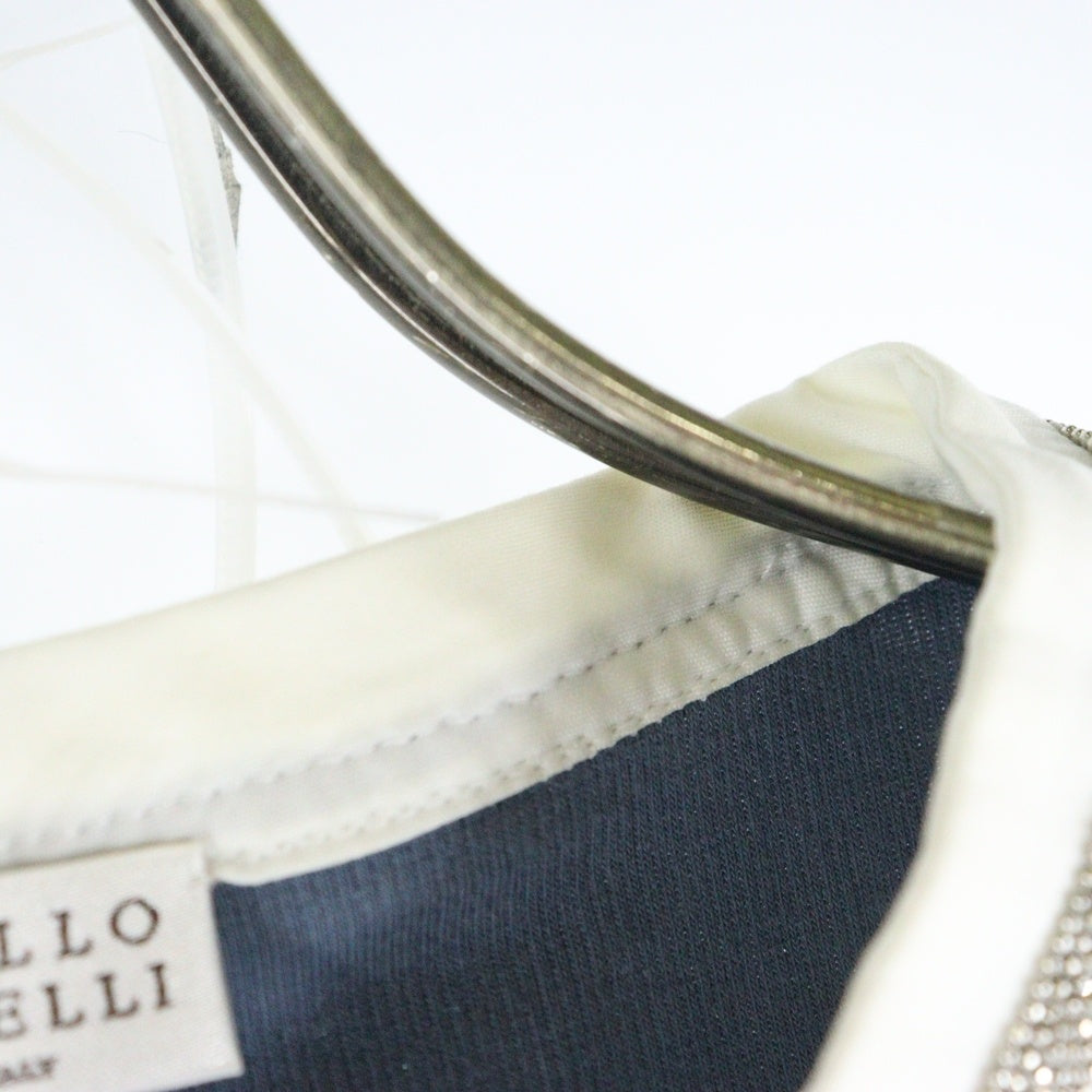 BRUNELLO CUCINELLI(ブルネロクチネリ) ネックベルトデザイン コットン ニット切り替え ブラウス トップス ブルー/ホワイト レディース