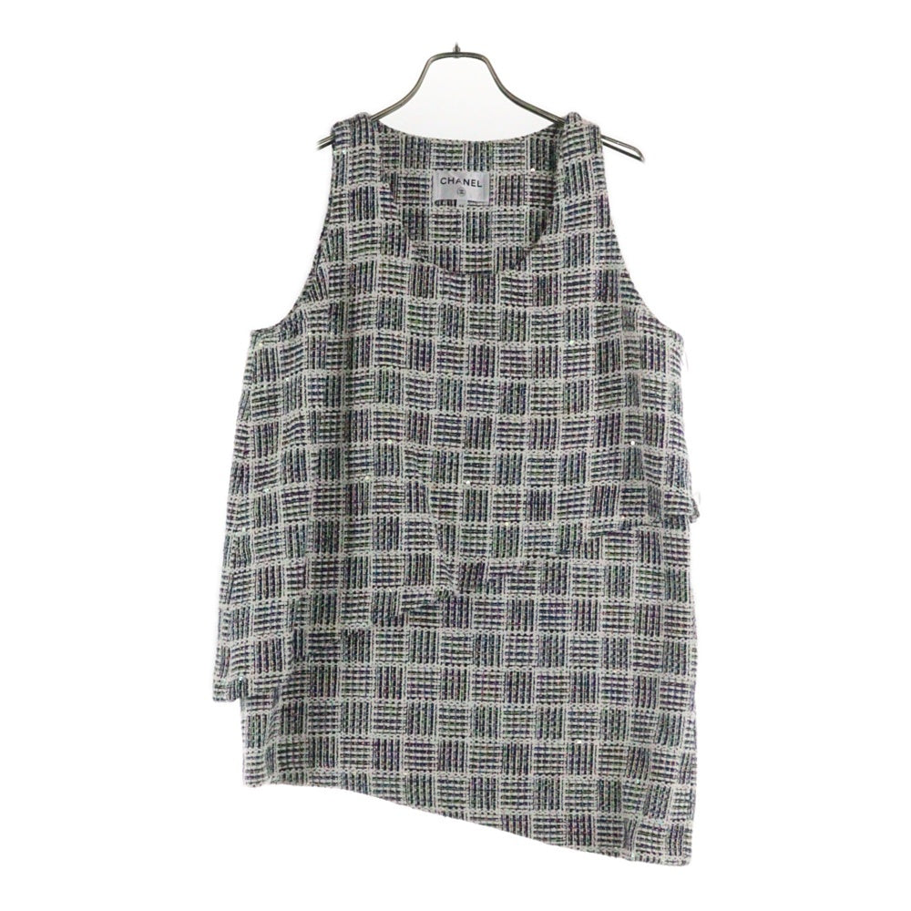 CHANEL(シャネル) ツイード スパンコール ラメ チェック総柄 ノースリーブ ワンピース ホワイト/マルチカラー レディース P58812V44366