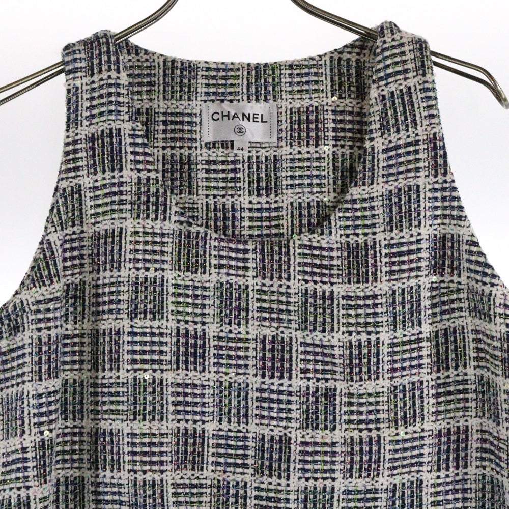 CHANEL(シャネル) ツイード スパンコール ラメ チェック総柄 ノースリーブ ワンピース ホワイト/マルチカラー レディース P58812V44366