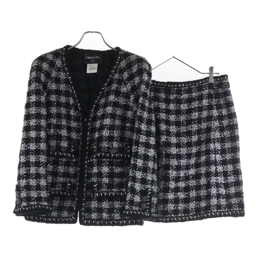 CHANEL(シャネル) ツイードチェック総柄 セットアップスーツ グリポワボタン ココマーク ジップアップ ノーカラージャケット タイトミニスカート ブラック/シルバー P42260V30806 P42259V30806
