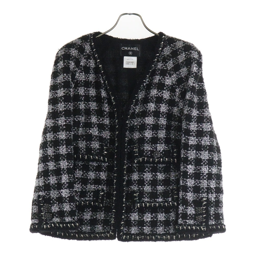 CHANEL(シャネル) ツイードチェック総柄 セットアップスーツ グリポワボタン ココマーク ジップアップ ノーカラージャケット タイトミニスカート ブラック/シルバー P42260V30806 P42259V30806