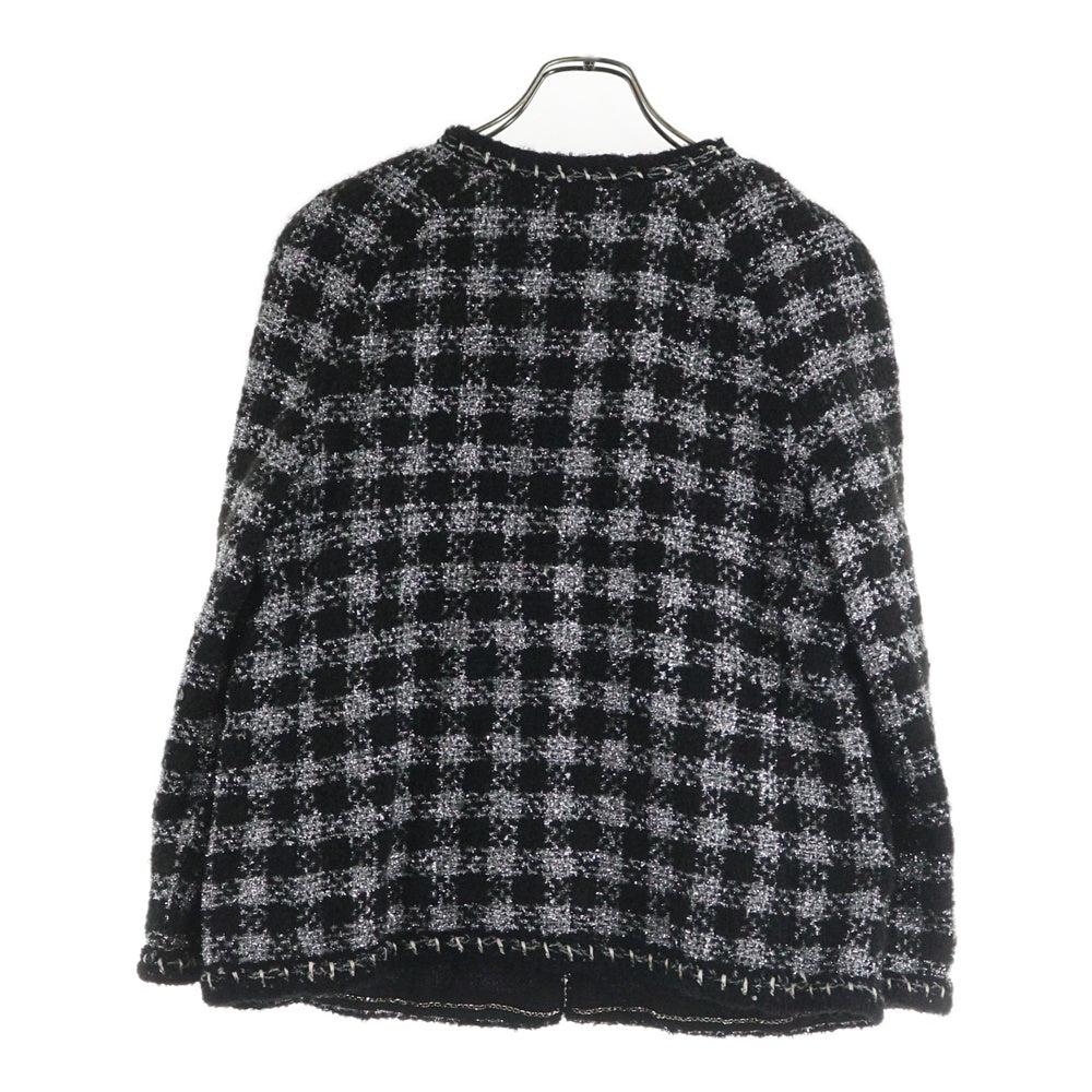 CHANEL(シャネル) ツイードチェック総柄 セットアップスーツ グリポワボタン ココマーク ジップアップ ノーカラージャケット タイトミニスカート ブラック/シルバー P42260V30806 P42259V30806