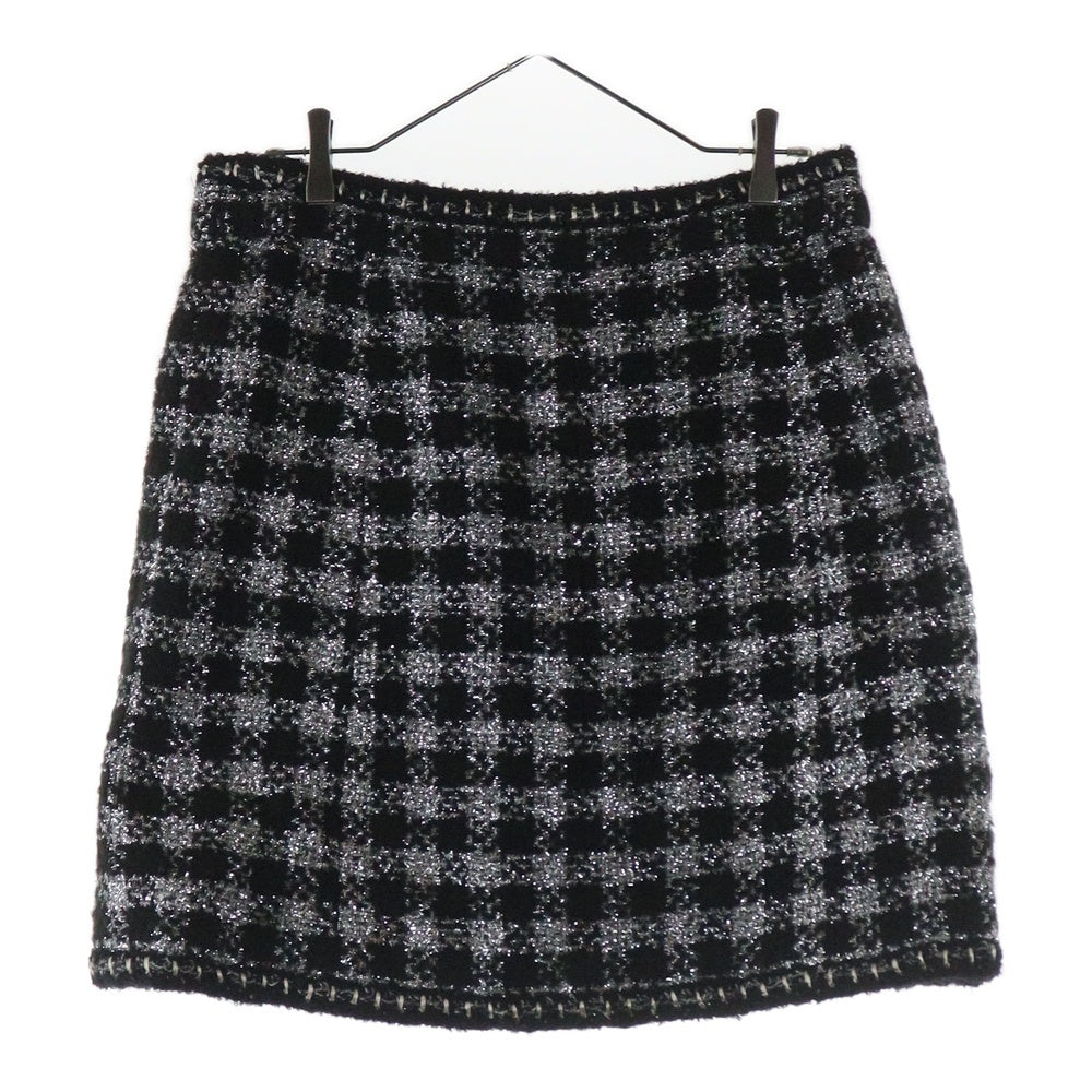 CHANEL(シャネル) ツイードチェック総柄 セットアップスーツ グリポワボタン ココマーク ジップアップ ノーカラージャケット タイトミニスカート ブラック/シルバー P42260V30806 P42259V30806