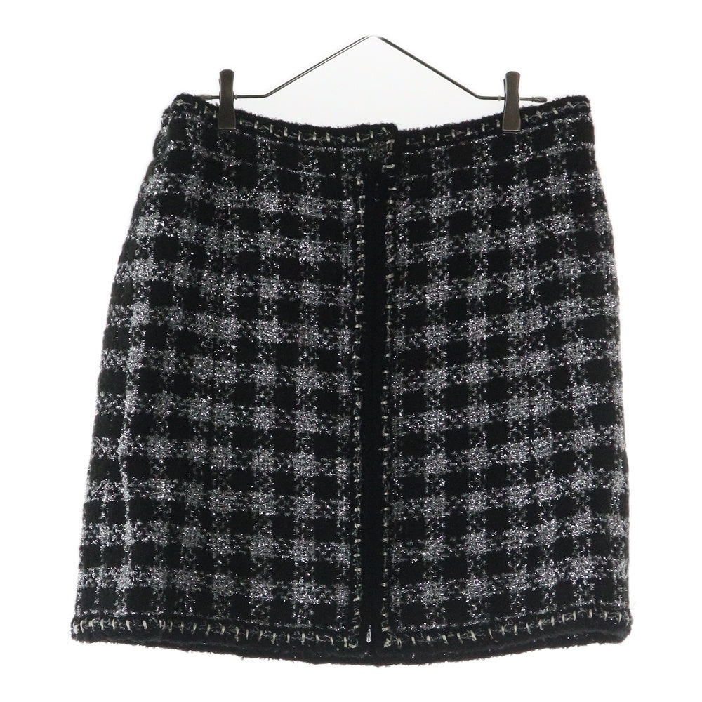 CHANEL(シャネル) ツイードチェック総柄 セットアップスーツ グリポワボタン ココマーク ジップアップ ノーカラージャケット タイトミニスカート ブラック/シルバー P42260V30806 P42259V30806
