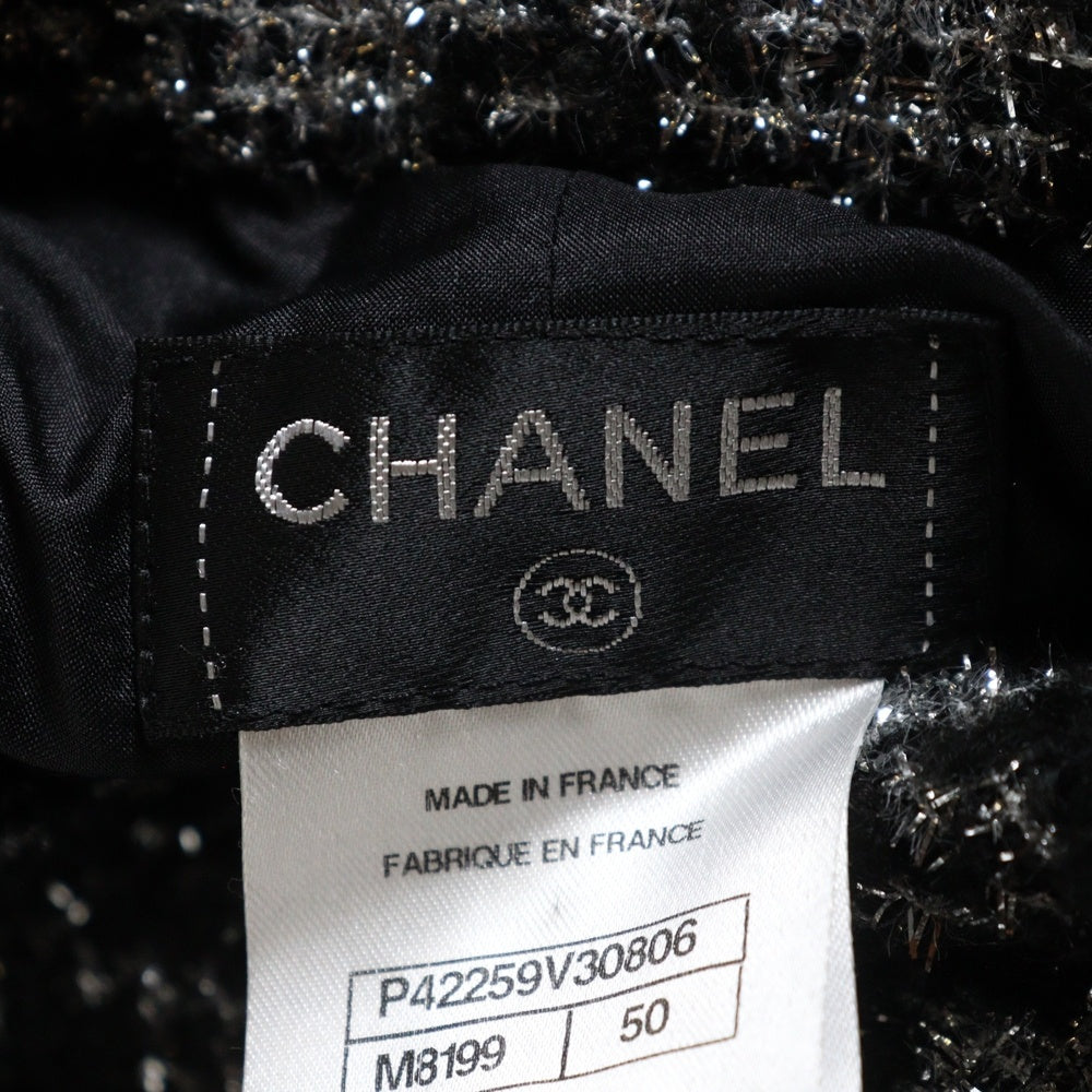 CHANEL(シャネル) ツイードチェック総柄 セットアップスーツ グリポワボタン ココマーク ジップアップ ノーカラージャケット タイトミニスカート ブラック/シルバー P42260V30806 P42259V30806