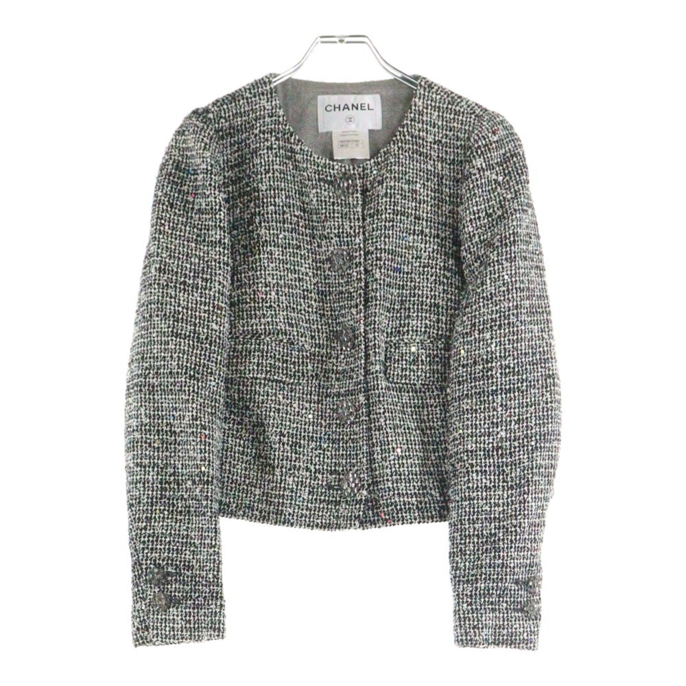 CHANEL(シャネル) ココマーク グリポワボタン ツイード スパンコール ラメ ノーカラー クロップド ショート ジャケット ブラック/ホワイト レディース P50738V37597