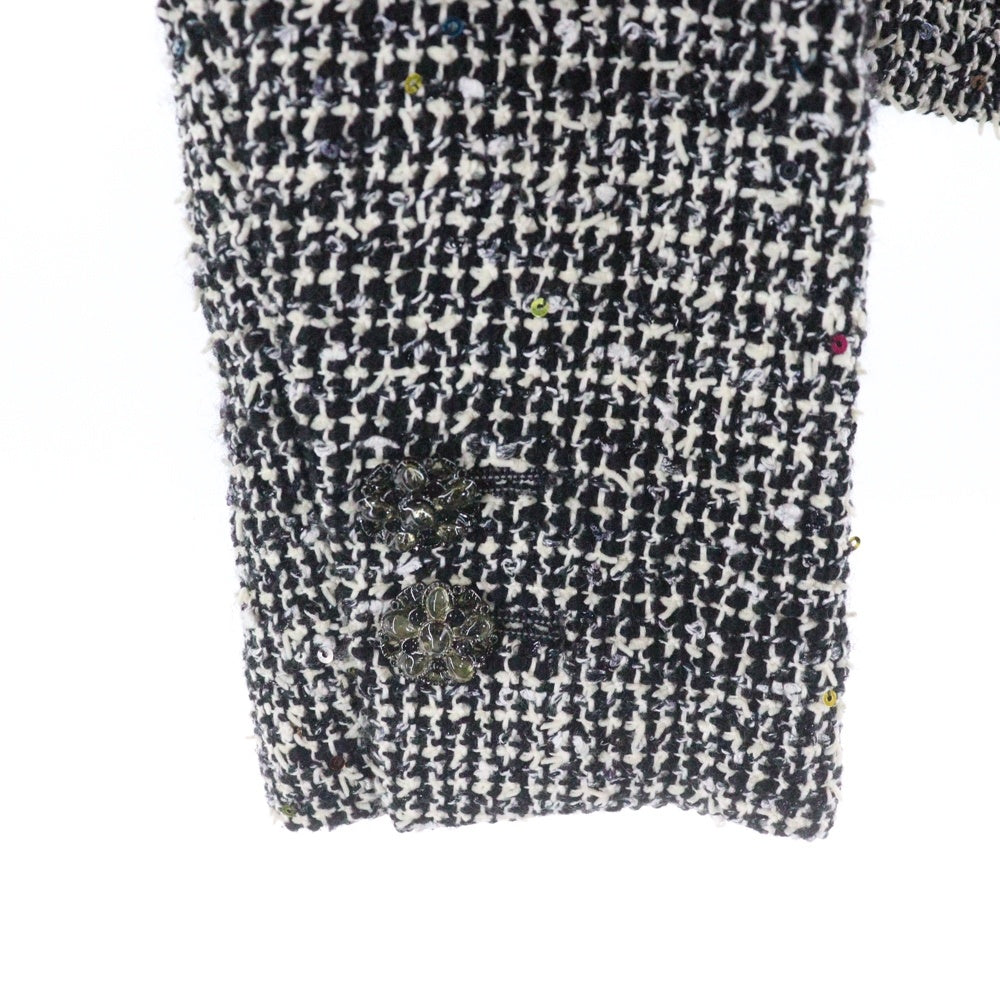 CHANEL(シャネル) ココマーク グリポワボタン ツイード スパンコール ラメ ノーカラー クロップド ショート ジャケット ブラック/ホワイト レディース P50738V37597