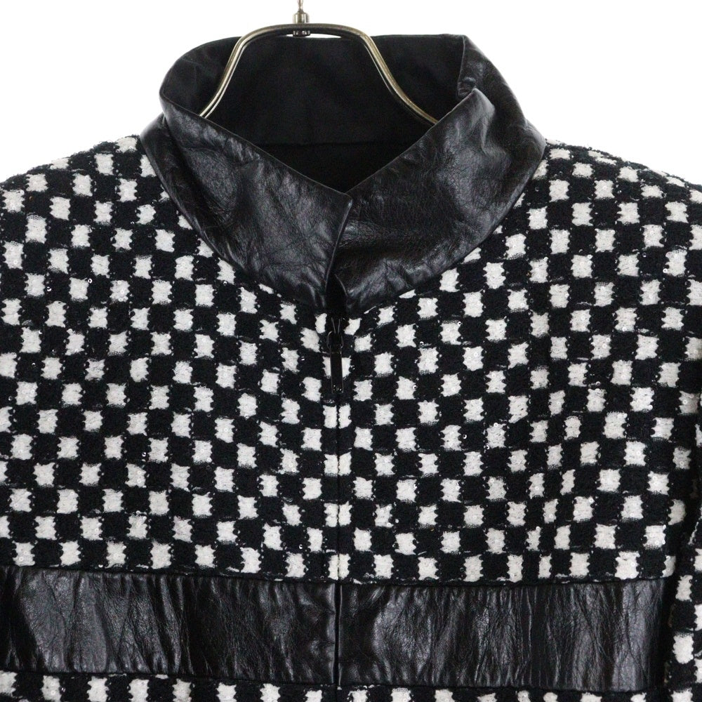 CHANEL(シャネル) ココマーク ロゴプレート ラムスキン レザー切り替え ツイード ラメ スパンコール ジップアップ ジャケット ブラック/ホワイト レザー P57185V40282