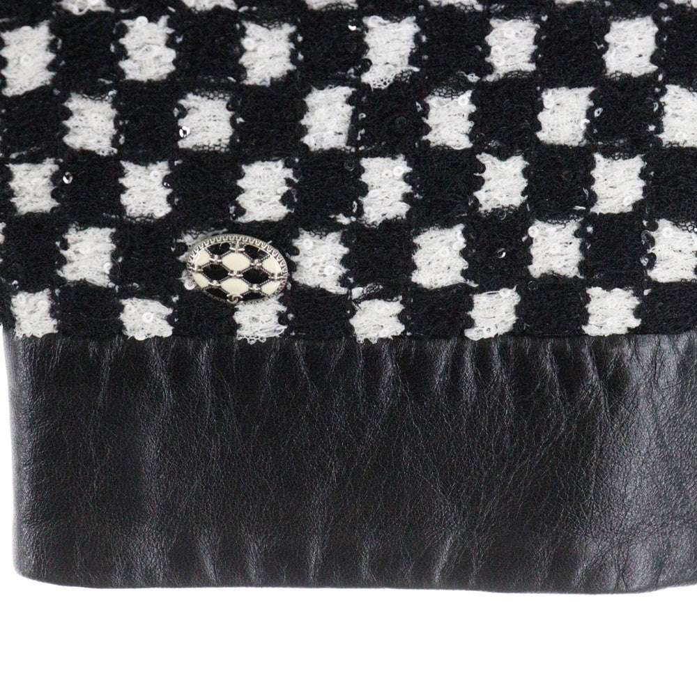 CHANEL(シャネル) ココマーク ロゴプレート ラムスキン レザー切り替え ツイード ラメ スパンコール ジップアップ ジャケット ブラック/ホワイト レザー P57185V40282