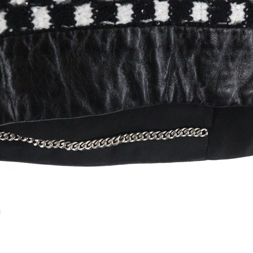 CHANEL(シャネル) ココマーク ロゴプレート ラムスキン レザー切り替え ツイード ラメ スパンコール ジップアップ ジャケット ブラック/ホワイト レザー P57185V40282