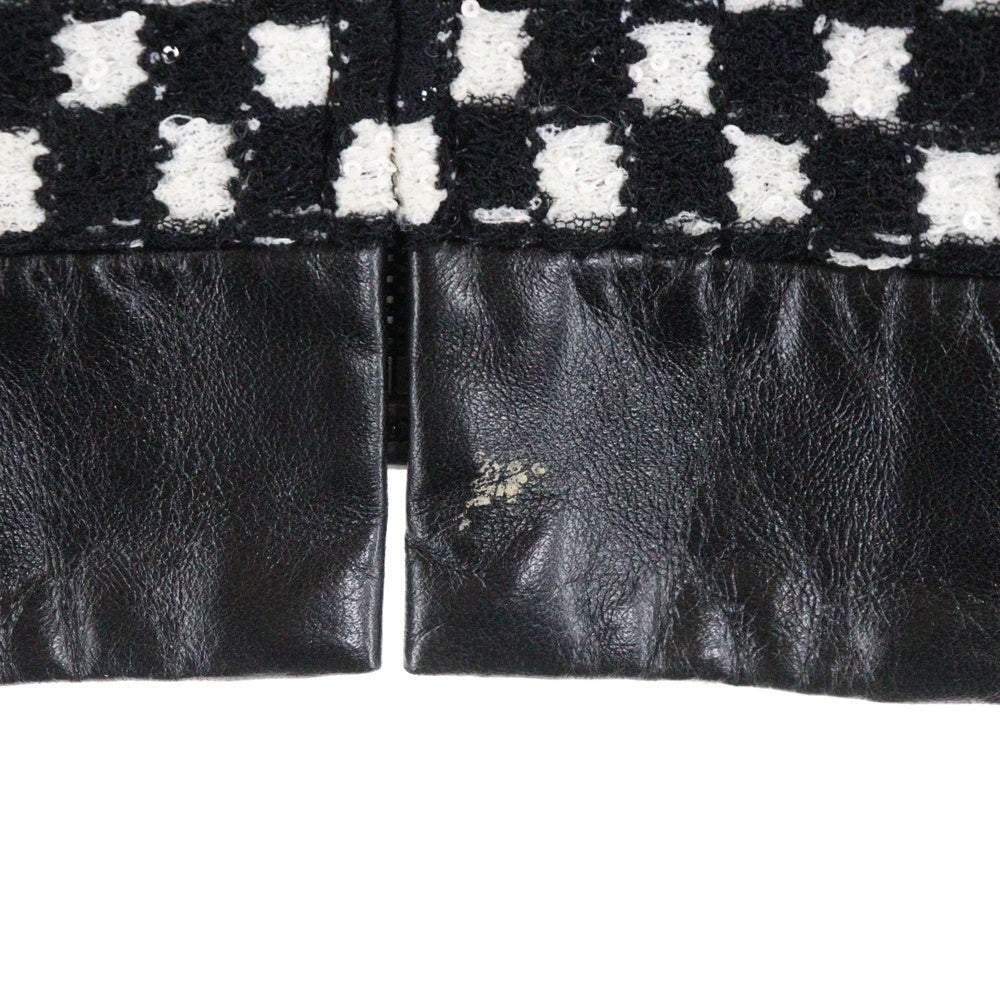 CHANEL(シャネル) ココマーク ロゴプレート ラムスキン レザー切り替え ツイード ラメ スパンコール ジップアップ ジャケット ブラック/ホワイト レザー P57185V40282