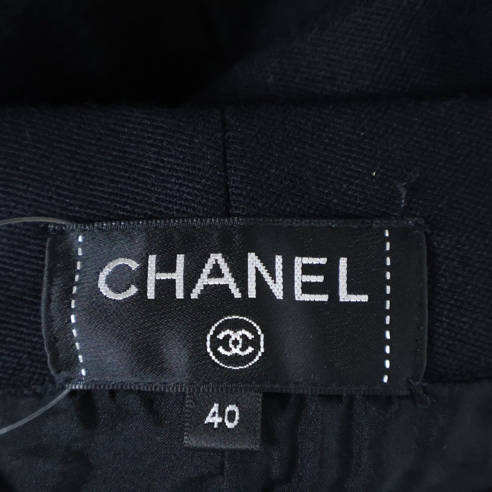 CHANEL(シャネル) ココマーク ロゴプレート マリンボタン サイドライン ウール シルク ワイドストレート パンツ ネイビー/ブラック レディース P59101V38602