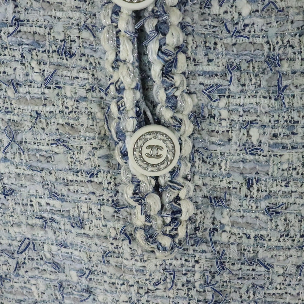 CHANEL(シャネル) ココマークボタン ルサージュ ファンシーツイード バックファスナー ワンピース ドレス ホワイト/ブルー レディース P60284V45762