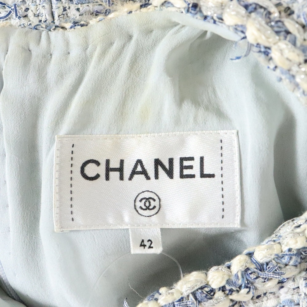 CHANEL(シャネル) ココマークボタン ルサージュ ファンシーツイード バックファスナー ワンピース ドレス ホワイト/ブルー レディース P60284V45762
