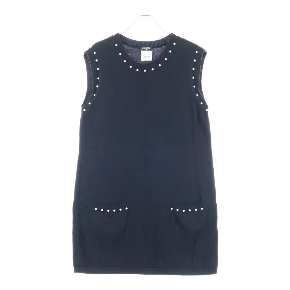 CHANEL(シャネル) ココマーク カシミヤ混 パール装飾付ノースリーブニットワンピース ブラック レディース P53637K06956