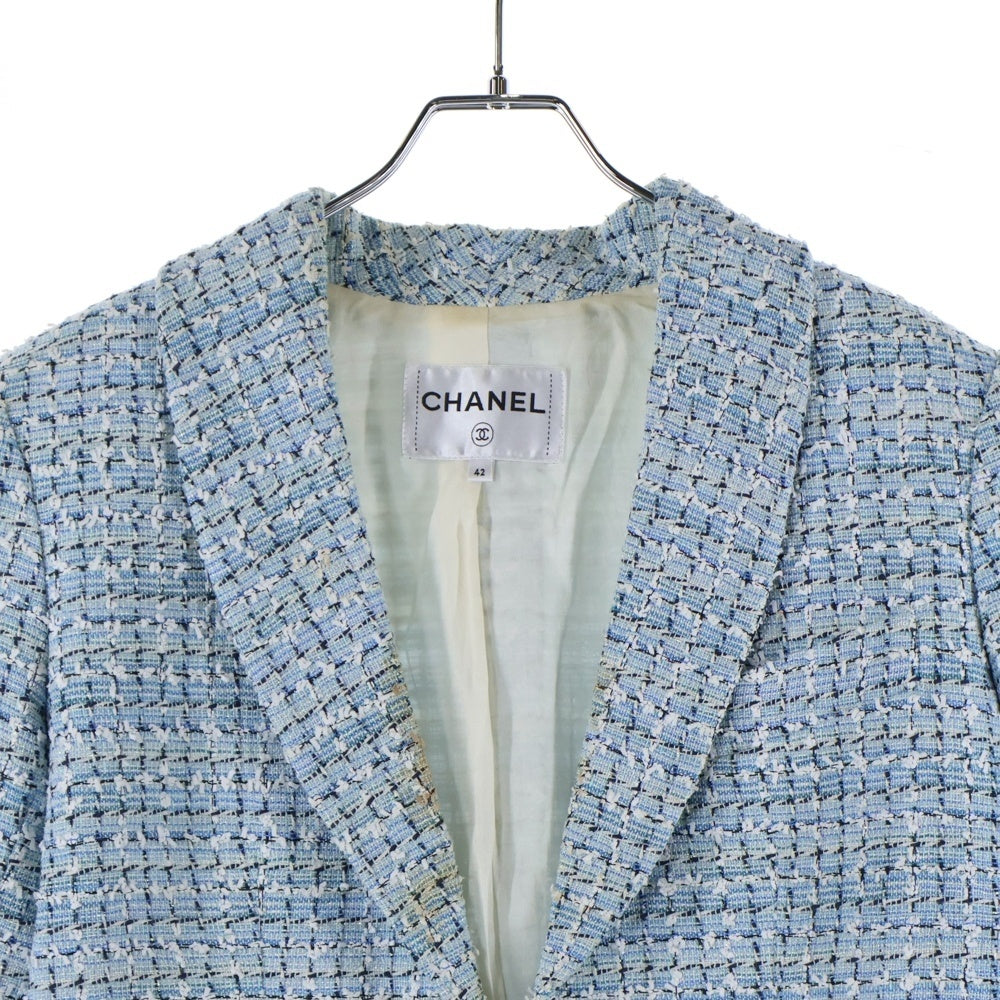 CHANEL(シャネル) LA PAUSA ラ パウザ ココマークボタン ファンタジーツイード ショールカラー テーラードジャケット ライトブルー/ホワイト レディース P60346V45916