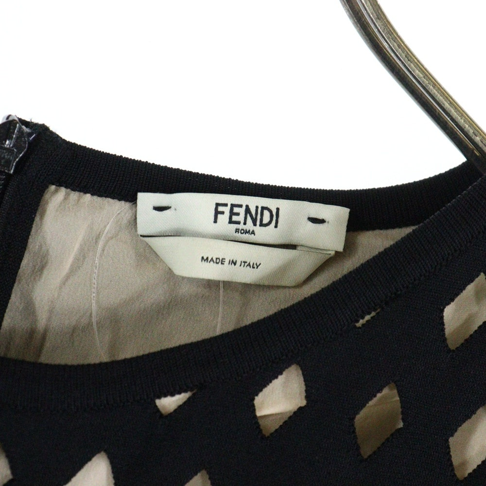 FENDI(フェンディ) ダイヤカットアウト レーヨンニット クルーネック ノースリーブ ミディアムワンピース ドレス ブラック/ベージュ レディース FZD532 1QF