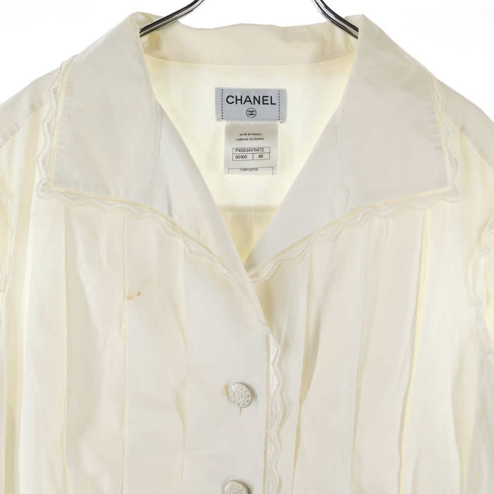 CHANEL(シャネル) ココマークボタン レース ギャザーデザイン 長袖シャツ ブラウス ホワイト レディース P45534V11472