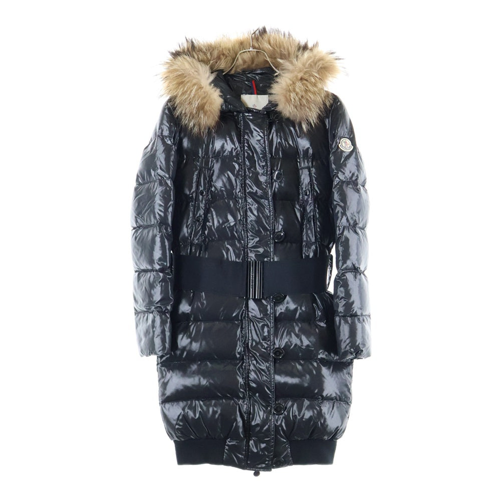 MONCLER(モンクレール) ワッペンロゴ ベルト付き ファー フーデッド ジップアップ ダウン ロング ジャケット コート ブラック レディース 49367/91/68950