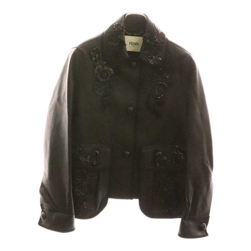 FENDI(フェンディ) 16AW パテント コンビレザー フラワー コサージュ ラムスキン レザー 3B ジャケット ブラック レディース FPJ674 O2Q