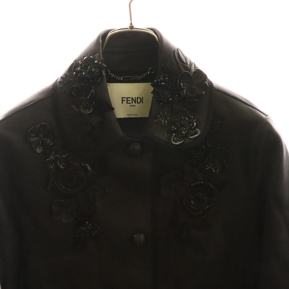 FENDI(フェンディ) 16AW パテント コンビレザー フラワー コサージュ ラムスキン レザー 3B ジャケット ブラック レディース FPJ674 O2Q