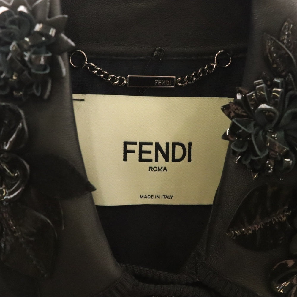 FENDI(フェンディ) 16AW パテント コンビレザー フラワー コサージュ ラムスキン レザー 3B ジャケット ブラック レディース FPJ674 O2Q