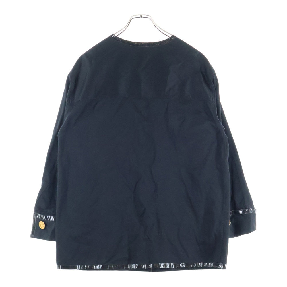 CHANEL(シャネル) ココマークボタン パテントレザー パイピング ノーカラー コットンジャケット ブラック