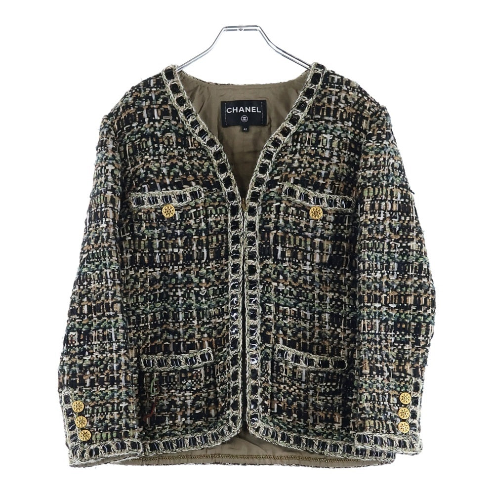 CHANEL(シャネル) ココマークボタンノーカラーツイードジャケット マルチカラー ♯42 P54253V40769