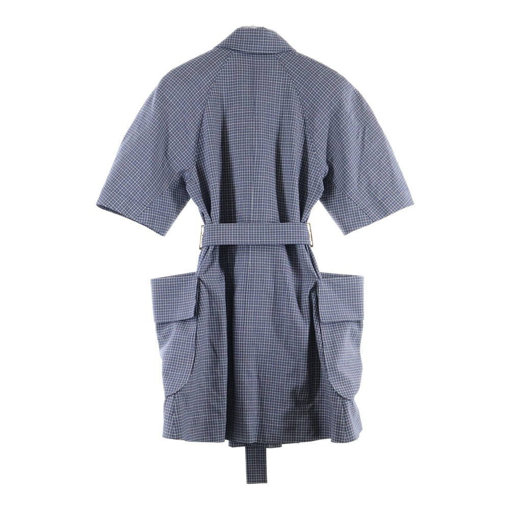 LANVIN(ランバン) チェック総柄 ウール ロゴプレート ハーフジップ 半袖ワンピース ドレス ネイビー レディース RWDR0054 4934A21