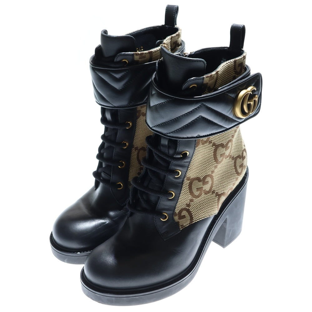 GUCCI(グッチ) GGマーモント ロゴプレート レザー キャンバス レースアップ ヒール ショートブーツ シューズ ブラック/ベージュ レディース 719849