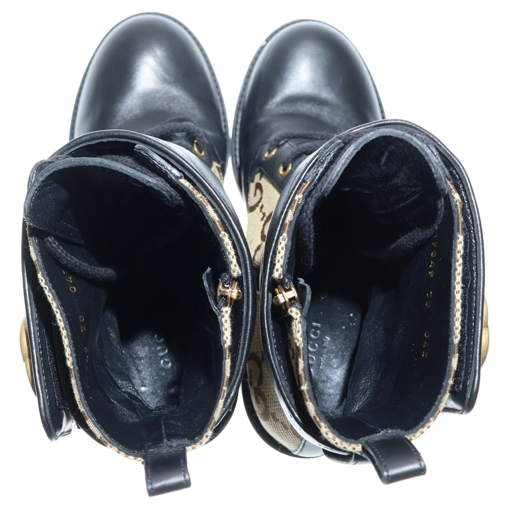 GUCCI(グッチ) GGマーモント ロゴプレート レザー キャンバス レースアップ ヒール ショートブーツ シューズ ブラック/ベージュ レディース 719849